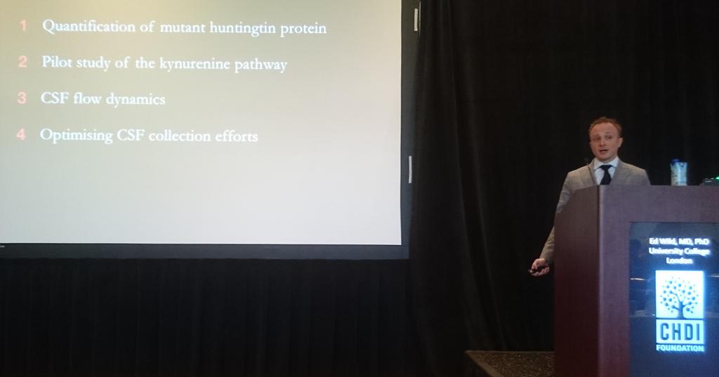 Dr Ed Wild of UCL (and co-founder of HDBuzz) reported on his work using cerebrospinal fluid in HD. For the first time, Wild and colleagues have detected and measured how much of the mutant huntingtin protein is present in the fluid. Hopefully this will help with forthcoming 'gene silencing' trials.  